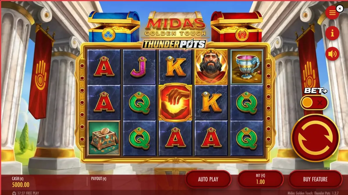 Tampilan visual slot Midas Golden Touch: Thunder Pots dengan tema emas dan peti harta karun.