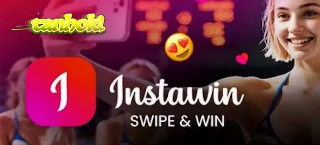 Antarmuka permainan Instawin yang menampilkan mekanisme swipe berbasis kartu pos.